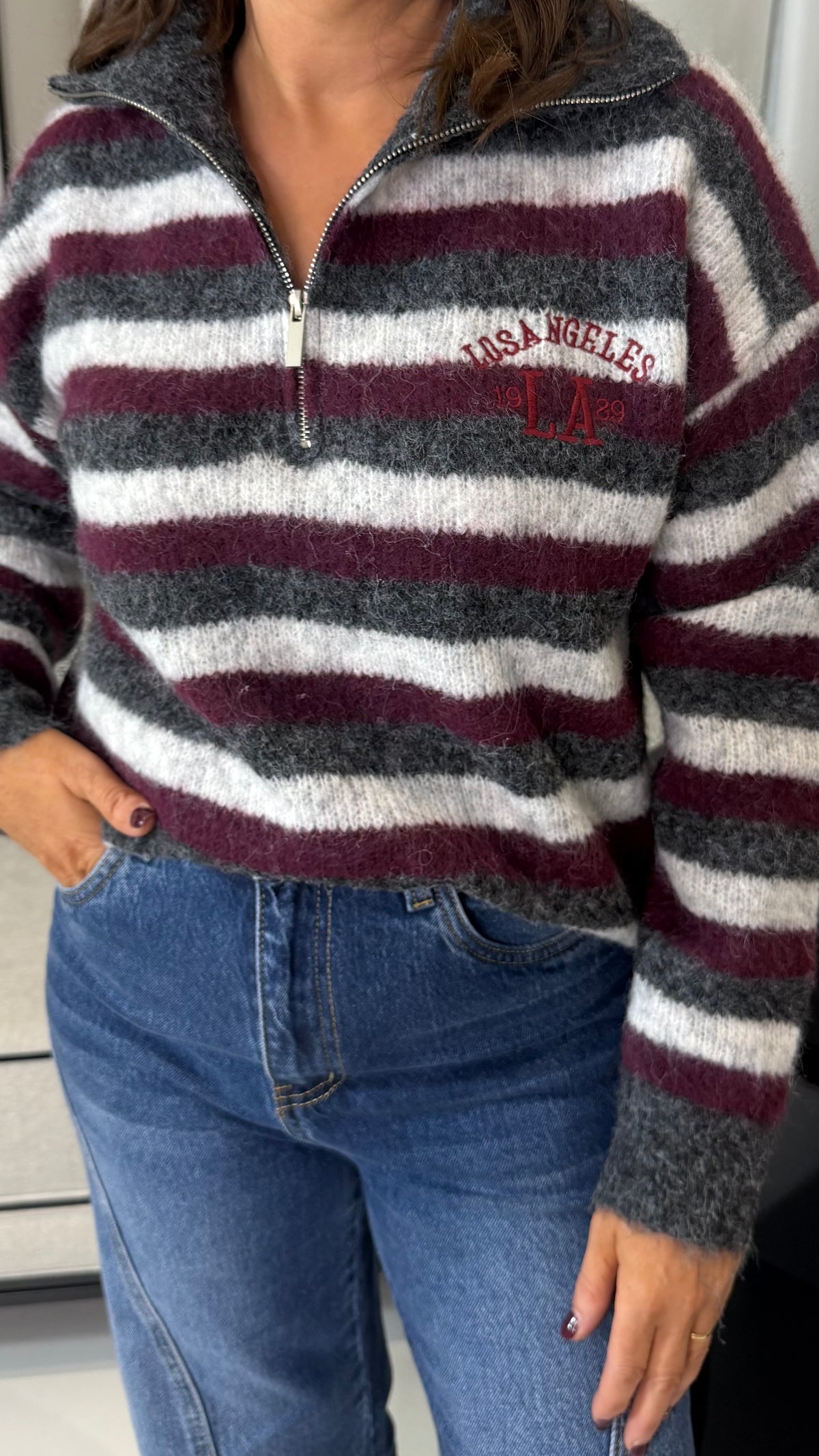 Wine/Grey/White Striped Half Zip Knit
